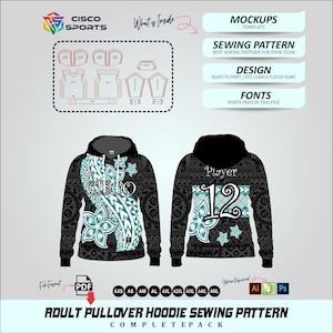 Volwassen trui met capuchon naaipatroon sport hoodie sjabloon mockup ontwerpbundel afdrukbare bestanden