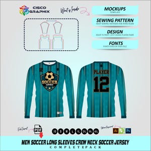 Peut inclure: Maquette de maillot de football teal et or à manches longues. Le devant présente un graphisme de ballon de football et le texte "SOCCER CHAMPIONSHIP". Le dos affiche le numéro 12 et le mot "PLAYER". Comprend des maquettes, des patrons de couture, des éléments de conception et des informations sur les polices.