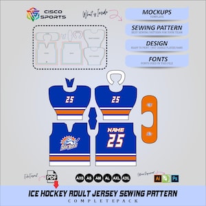 Könnte beinhalten: Ein Schnittmuster für ein Eishockey-Trikot für Erwachsene in Blau und Orange. Das Muster enthält Trikot-Mockups, ein Schnittmuster, Designelemente und Schriftartinformationen. Der Text "Solar Bears" ist sichtbar.
