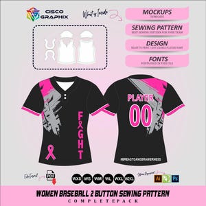 Cartamodello per maglia da baseball da donna, uniforme sportiva a 2 bottoni, sensibilizzazione sul cancro al seno