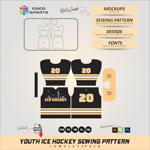 Peut inclure: Un patron de couture de hockey sur glace pour jeunes, noir et or, en pack complet. L'image comprend des maquettes de maillots, un patron de couture, des éléments de conception et des informations sur les polices. Les modèles de maillots comportent le numéro 20 et les mots "ICE HOCKEY".