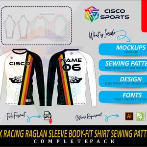 May include: A white and black BMX racing raglan sleeve body-fit shirt sewing pattern with a colourful design. The image includes mockups, a sewing pattern, design options, and font details. Sizes XS to 3XL are available.