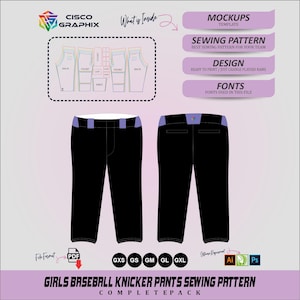 May include: A digital sewing pattern for baseball knicker pants by Cisco Graphix. The file includes mockups, sewing patterns, designs, and fonts. The visual shows front and back views of black pants with purple accents, size options from GXS to GXL, and PDF, Ai, and Ps file formats.