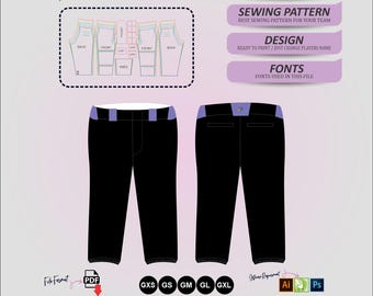 May include: A digital sewing pattern for baseball knicker pants by Cisco Graphix. The file includes mockups, sewing patterns, designs, and fonts. The visual shows front and back views of black pants with purple accents, size options from GXS to GXL, and PDF, Ai, and Ps file formats.