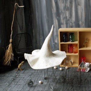 Handmade Felt Doll Witch Hat: White Merino Wool Halloween Costume