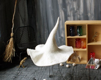 Handmade Felt Doll Witch Hat: White Merino Wool Halloween Costume