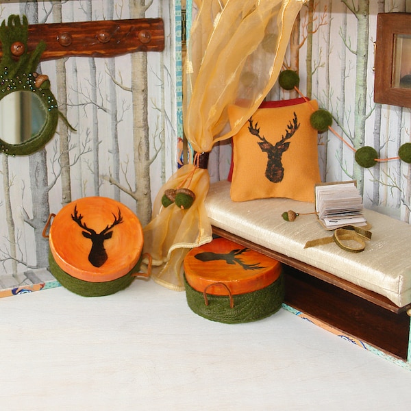 Roombox for MH EAH dolls, Woodland modern cabin,  Scale 1:6 Diorama, Travel doll roombox, deer box, deer pillow, felt acorn, Free shipping