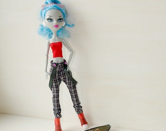 MH Doll Clothes: Handmade Harem Pants with Leather Suspenders & Red Top