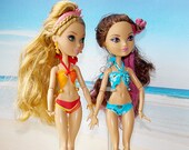 EAH Doll Swimsuits, EAH bathing suits, Two Swimsuits, Blue Floral Bikini, Red Orange Yellow Bikini, EAH Doll Clothes