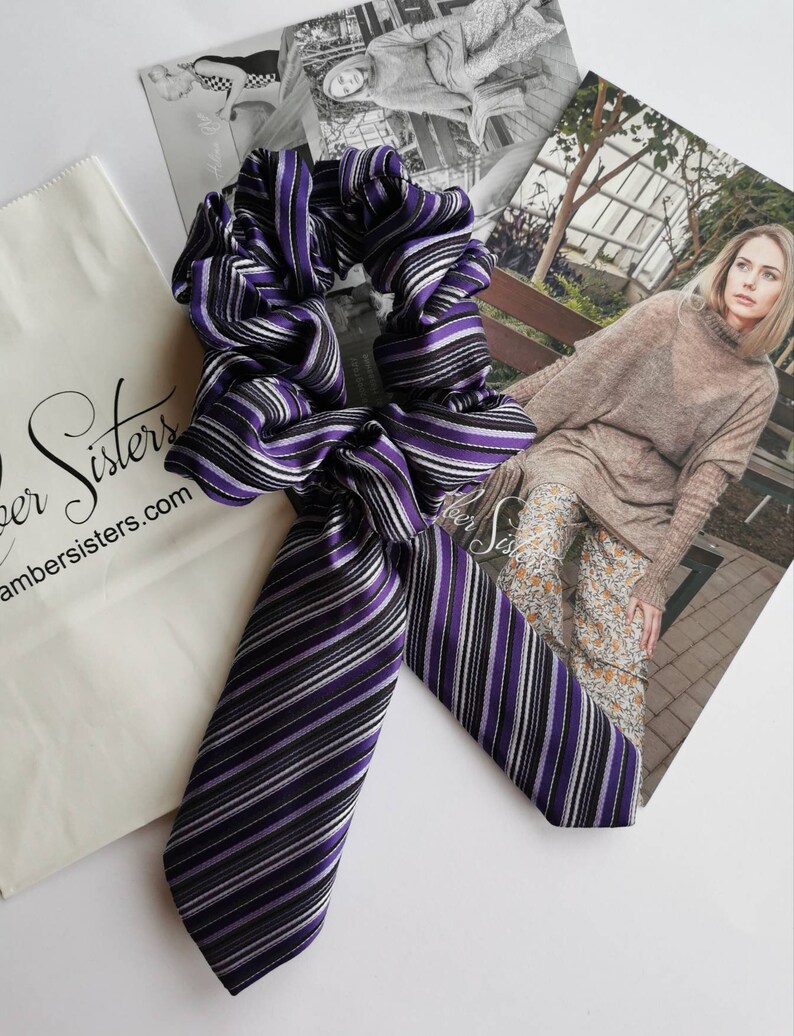 Hair scunchie upcycled from used mans tie save the planet neck tie fun by Amber Sisters