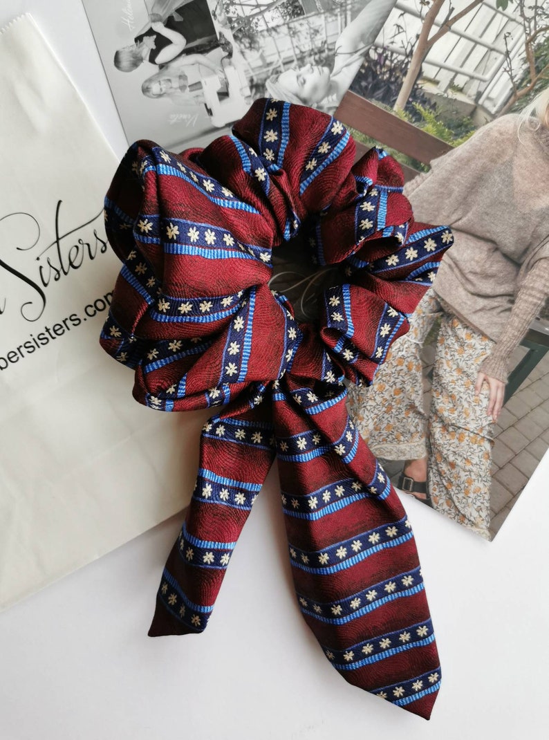 Hair scunchie upcycled from used mans tie save the planet neck tie fun by Amber Sisters
