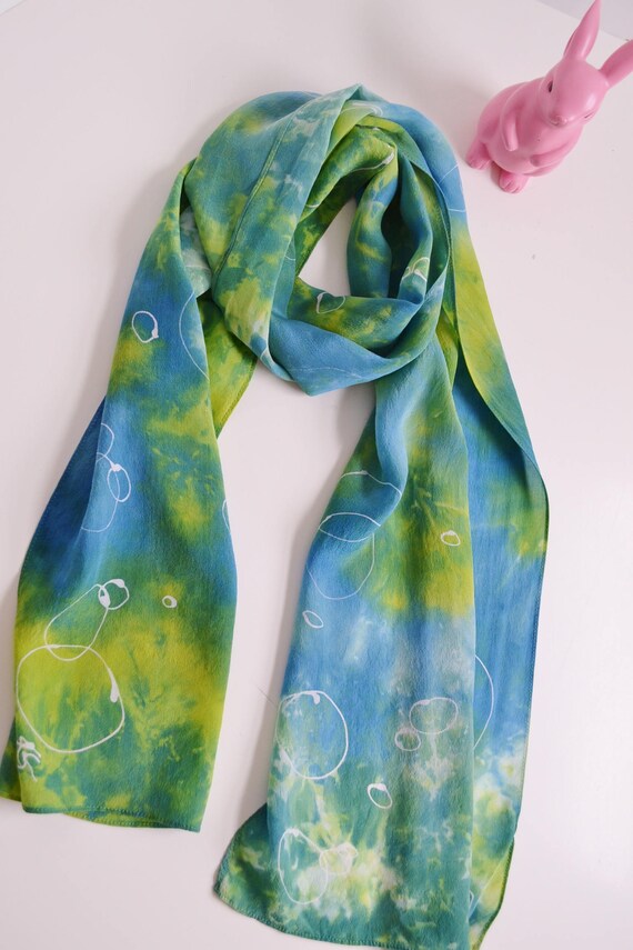 Scarf Silk Blue And Green With Batik Circle Designs Etsy