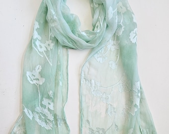 SIlk scarf  light green  burnout with flowers