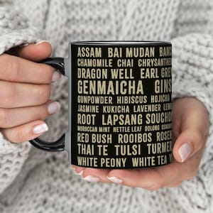 Tea Lover&#39;s 50 Teas Accent Coffee Mug, Gift for Tea Lovers, Office Tea Cup, Unique Kitchen Decor, Tea Party Host Gift, Ceramic Mug 11oz 15oz