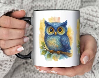 Blue Watercolor Owl Mug: Whimsical Ceramic Coffee Cup - 11oz 15oz