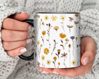 Pressed Flowers Coffee Mug: Botanical Wildflower Design, Nature Lover Gift