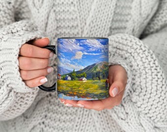 Rustikt landskapskaffemugg: Keramisk mugg i amerikansk oljemålningsstil