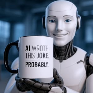 Może przedstawiać: Biały kubek do kawy z czarnym uchwytem i czarnym tekstem, który brzmi "AI wrote this joke. Probably."