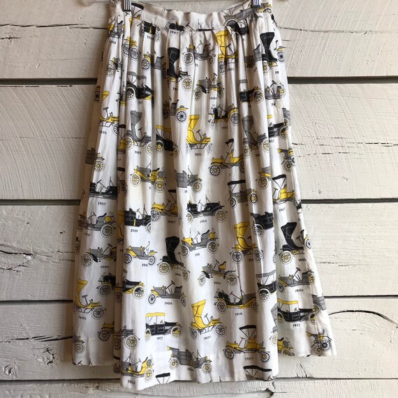 Vintage 1950s car print skirt • 50s cotton skirt •