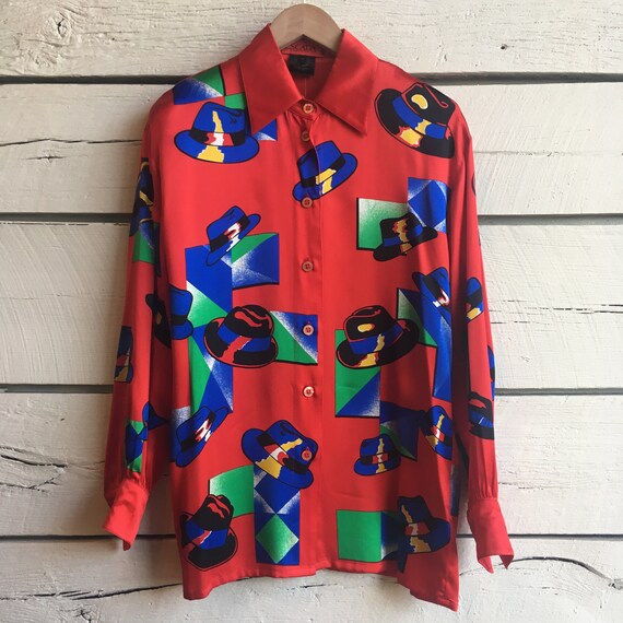 Vintage Early 90s ESCADA 100% Silk Red Hat Print B