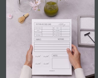 May include: A printable pattern record card with sections for pattern name, brand, size range, date, size made, number of pieces, notions, fabrics, and notes. There are four blank squares labelled "Swatch" for fabric samples.