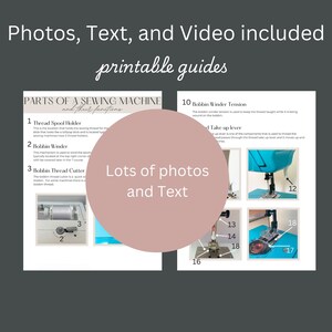 May include: A printable guide to the parts of a sewing machine with photos and text. The guide includes a close-up photo of the thread spool holder, bobbin winder, and bobbin thread cutter. The guide also includes photos of the bobbin winder tension, take-up lever, and other parts of the sewing machine.