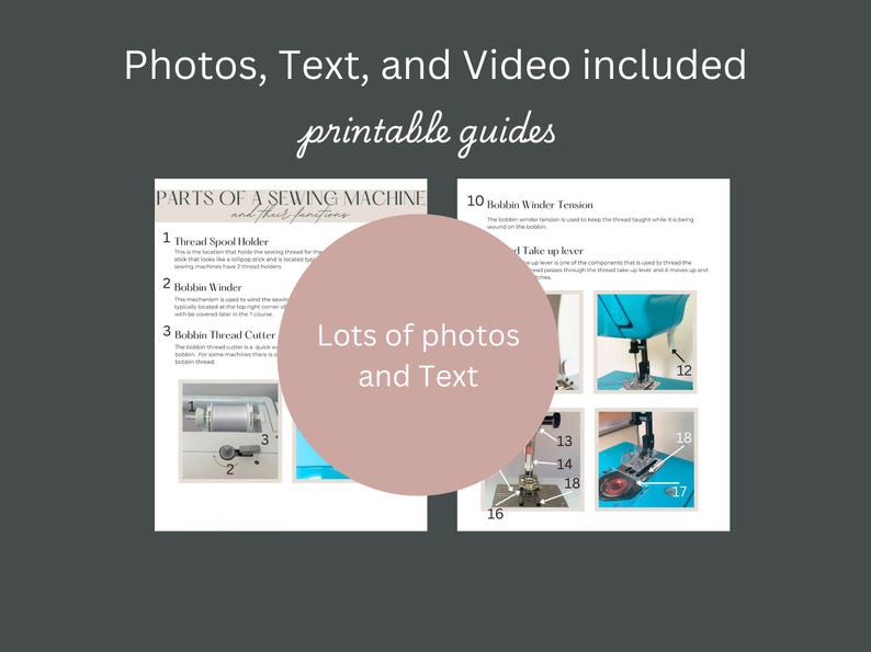 May include: A printable guide to the parts of a sewing machine with photos and text. The guide includes a close-up photo of the thread spool holder, bobbin winder, and bobbin thread cutter. The guide also includes photos of the bobbin winder tension, take-up lever, and other parts of the sewing machine.