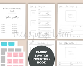 Può includere: Un libro di inventario di campioni di tessuto stampabile con sezioni per campioni di tessuto, dettagli e istruzioni di cura. Il libro include una pagina di titolo che dice "Fabric Stash Inventory Book" e "Fabric Swatches".