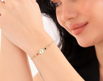 Customized Birthstone Bracelet, Dainty Family Birthstone Jewelry - Personalized Multiple Birthstone Bracelet for Mom, Engraved Name Bracelet