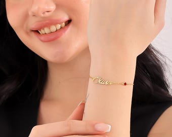 Custom Name Bracelet with Birthstone – Custom Handwritten Name Jewelry - Dainty Minimalist Bracelet - Personalized Gift For Her