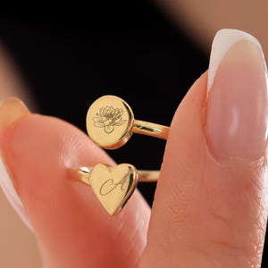 Anel de coração e círculo personalizado, anel inicial de prata esterlina, anel de letra gravada, joias personalizadas para madrinhas, anel de declaração, presente para ela