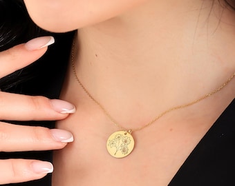 Sterling Silver Personalized Birthstone Flower Necklace, Engraved Floral Disc, Dainty Jewelry, Custom Birth Month Flower Pendant, Nana Gift