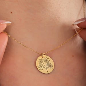 Personalized Birthstone & Birth Flower Necklace - Custom Engraved Disc Pendant - Floral Bouquet Charm - Gift for Mom - Christmas Gift
