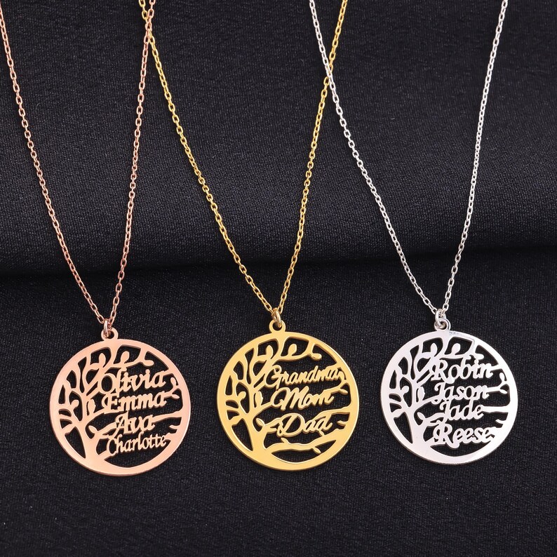 Name Engraved Chain Personalized Family Tree Necklace, Engraved Tree of Life Name Necklace ...