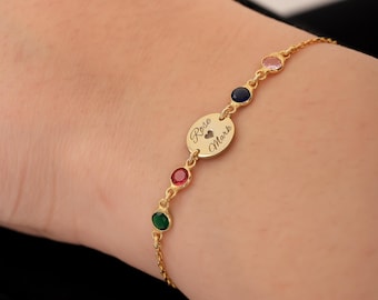 Personalized Birthstone Bracelet – Custom Family Jewelry with Multiple Birthstones - Dainty Engraved Name Bracelet - Gift for Mom