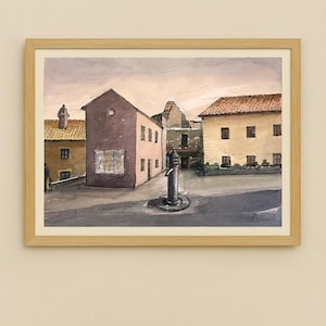 Fontana di paese - Original 1950s Italian Watercolor by Francesco Dalena