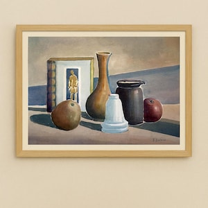 Natura morta con oggetti e frutta - Original 1950s Italian Watercolor by Francesco Dalena
