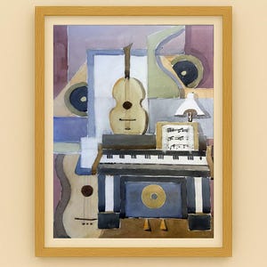 Strumenti musicali astratti — Abstract Musical Instruments Original 1950s Italian Watercolor by Francesco Dalena