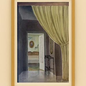 Interno con tenda – Original 1950s Italian Watercolor Painting by Francesco Dalena