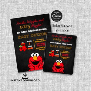 Bewerkbare sjabloon Elmo-babyshoweruitnodiging - direct downloaden - rood en geel thema - bewerkbaar in canvas