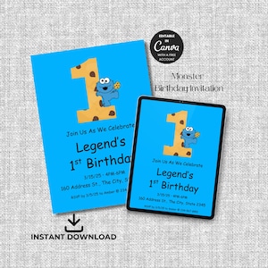 Bearbeitbares Keksmonster-Geburtstagseinladung | Geburtstag einladen Vorlage | Bearbeitbare Zahlen 0-9 | Sofortdownload | Canva Vorlage