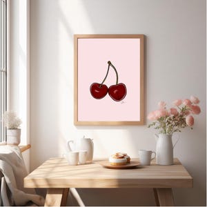 Cherry Art Print Aesthetic Digital Wall Art Red Cherries on Soft Pink Trendy Kitchen Decor Printable Artwork Coquette Wall Art