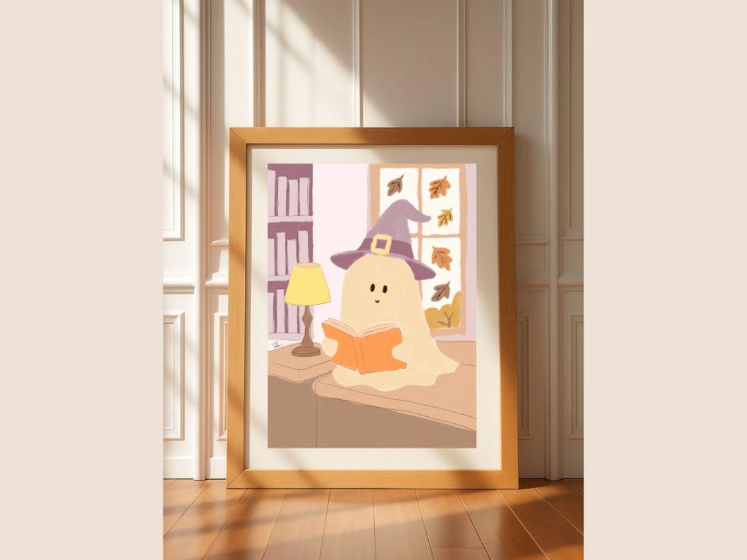 Ghost Reading Wall Art Print Cute Halloween Book Lover Decor Cozy Fall ...