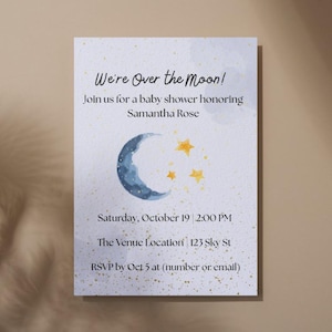 Over the Moon Baby Shower Invitation Celestial Editable Template Gender Neutral Invite Moon Stars Digital Download Canva Template
