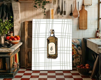 Arte de pared rústico con botella de aceite de oliva, dibujado a mano, decoración de cocina, imprimible, impresión moderna de despensa de granja, descarga digital, ilustración de comida