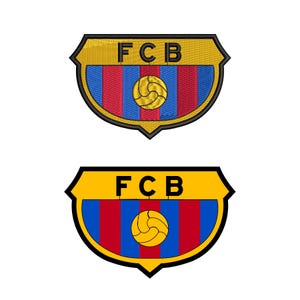 May include: Two embroidered patches featuring the FC Barcelona crest. The crests are shield-shaped with a gold border and top section. The center has vertical red and blue stripes, a gold soccer ball, and the letters "FCB" in black.