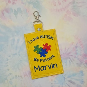 I have Autism Id tag w name - colorful medical Id tag - Be Patient tag - personalized Autism Autistic ID card tag- puzzle colorful
