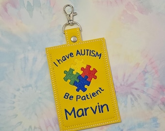 I have Autism Id tag w name - colorful medical Id tag - Be Patient tag - personalized Autism Autistic ID card tag- puzzle colorful