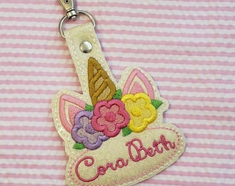 Unicorn head with flowers - Oversize sparkle off white tag - name embroidered - unicorn shabby chic flowers - back to school - backpack tag