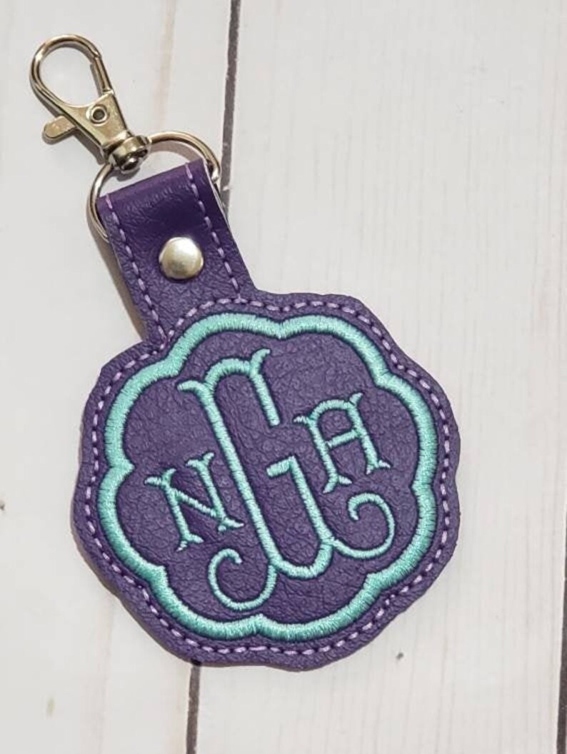 Handmade Key Fob/snap Tab With Monogram Embroidered - Aqua on Purple ...